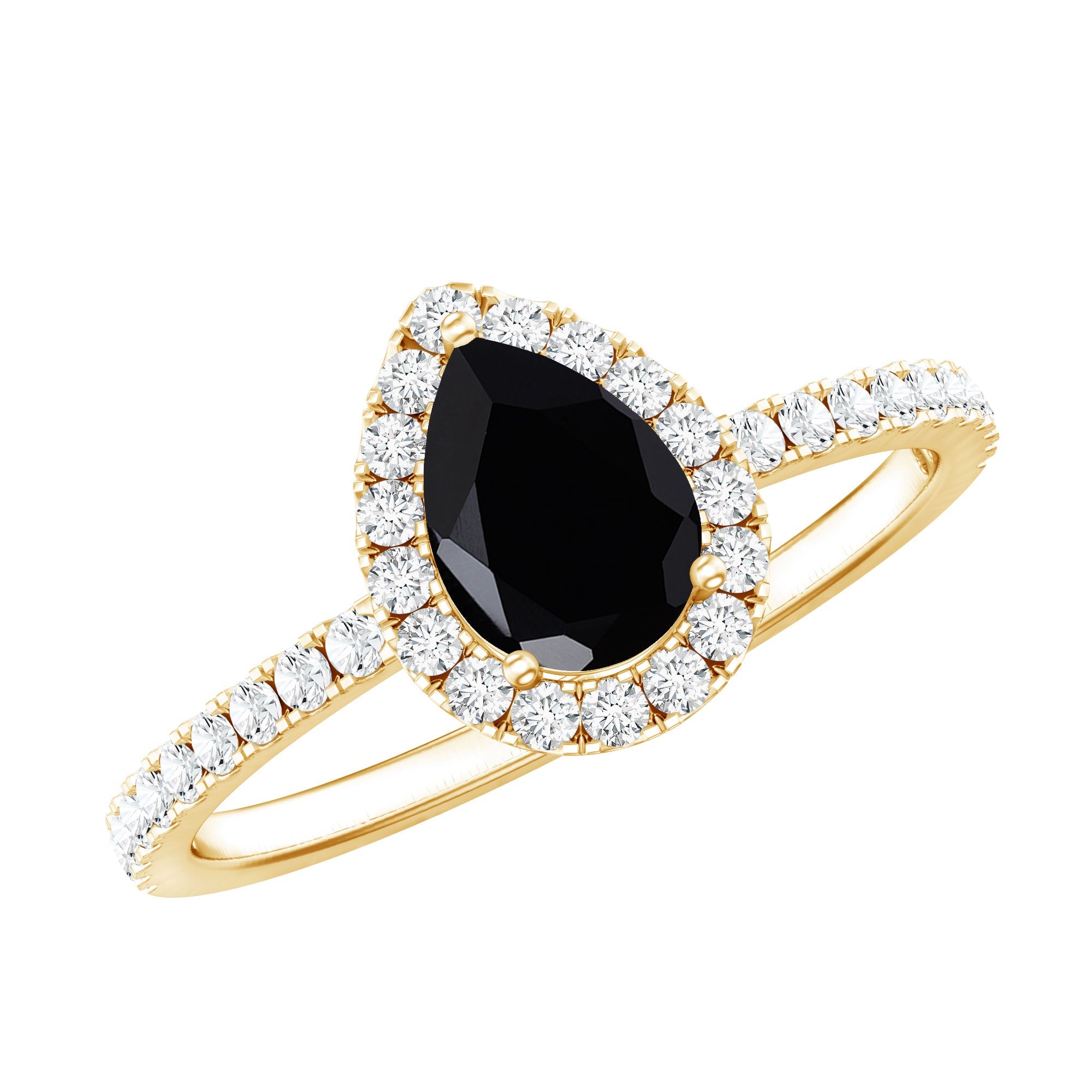 1 Carat Pear Shaped Black Onyx Engagement Ring with Real Diamond Halo