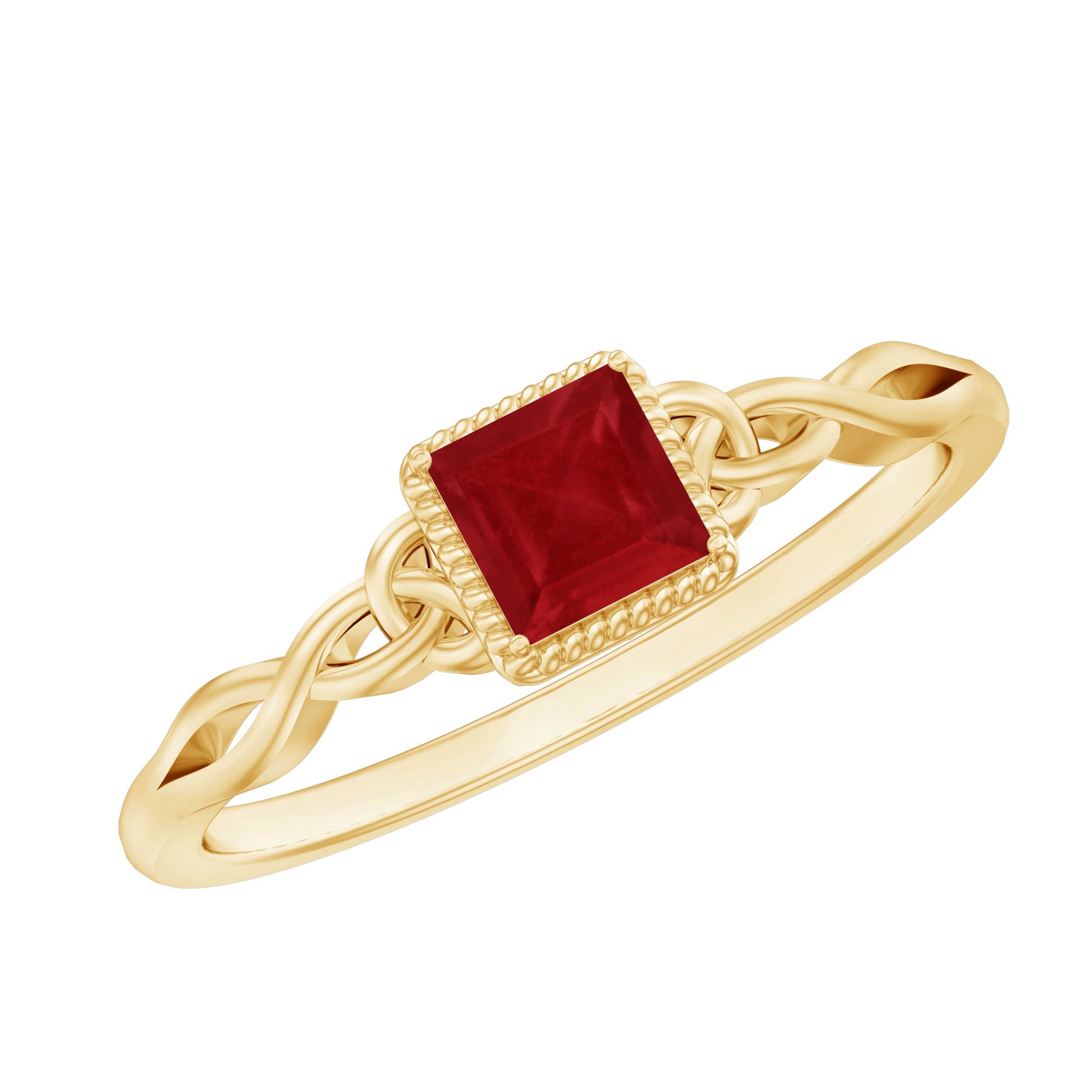 Princess Cut Ruby Ring – Celtic Knot Promise Band With Twisted Rope Frame