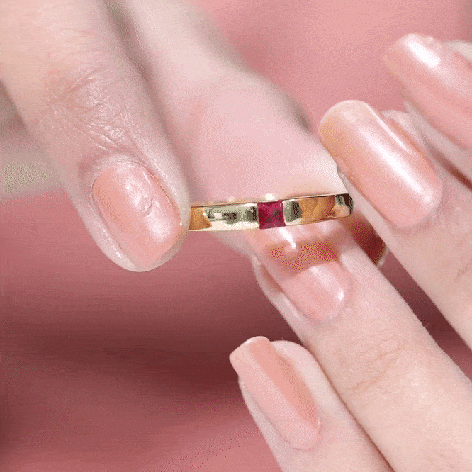 Ruby Promise Ring – Princess Cut Created Ruby Solitaire Flush Setting Band