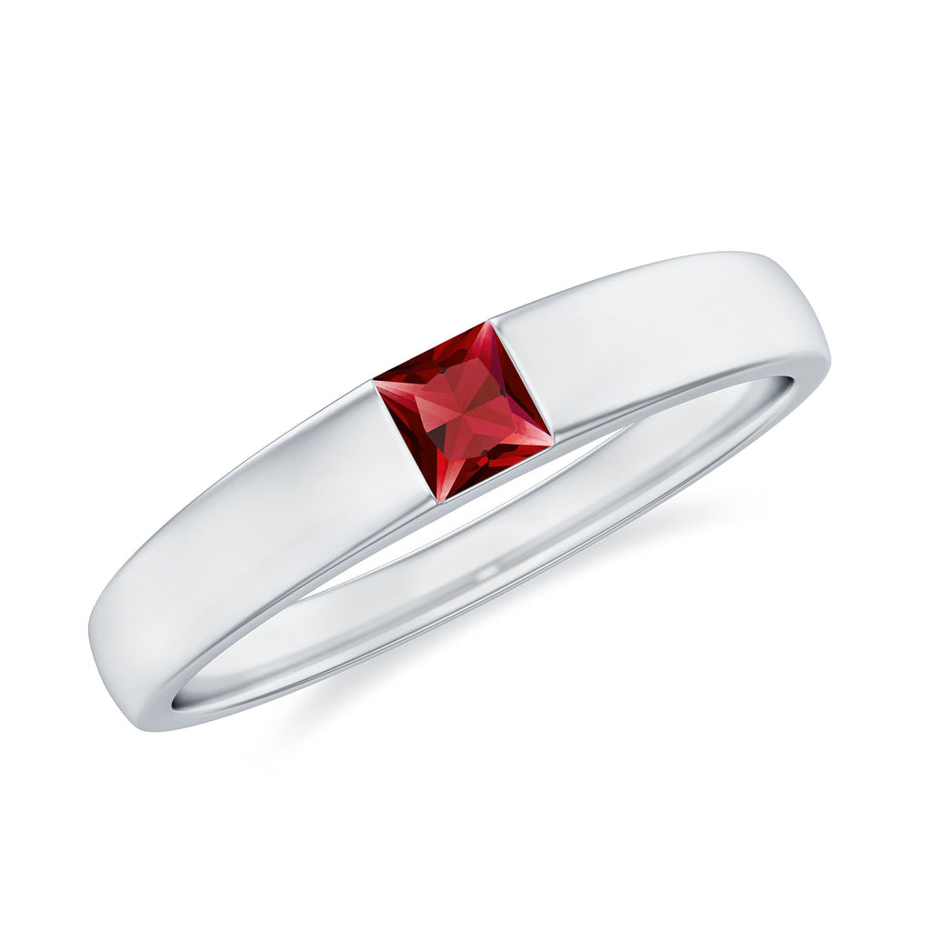 Ruby Promise Ring – Princess Cut Created Ruby Solitaire Flush Setting Band