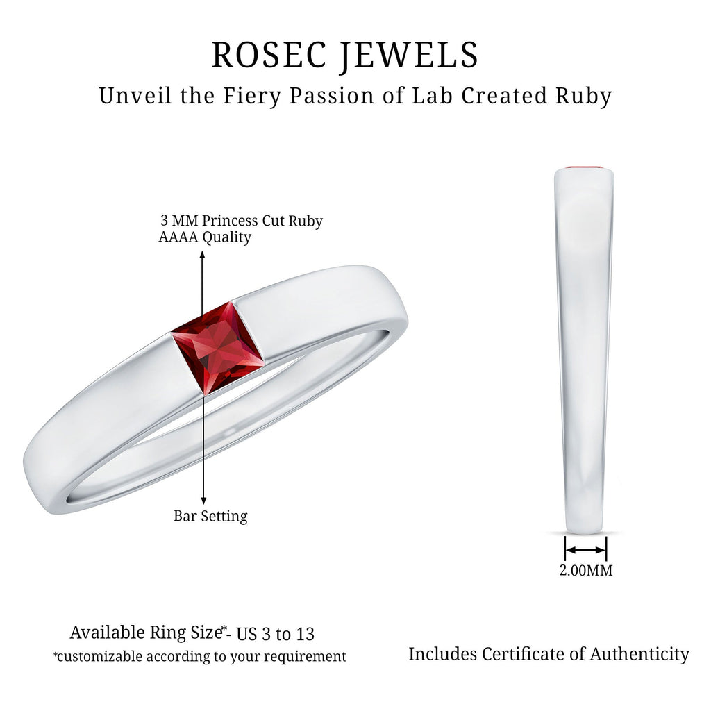 Ruby Promise Ring – Princess Cut Created Ruby Solitaire Flush Setting Band