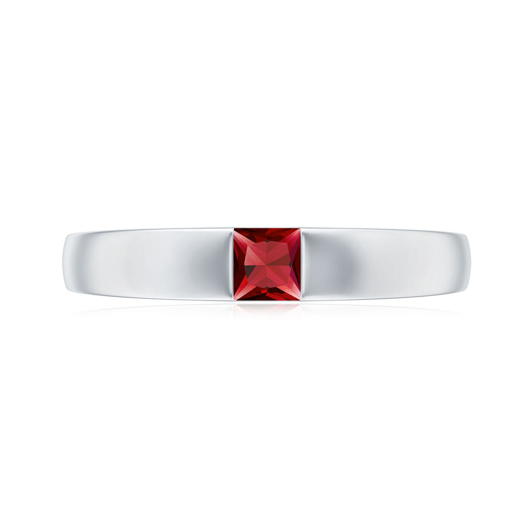 Ruby Promise Ring – Princess Cut Created Ruby Solitaire Flush Setting Band
