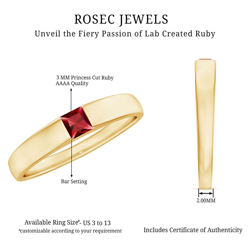 Ruby Promise Ring – Princess Cut Created Ruby Solitaire Flush Setting Band