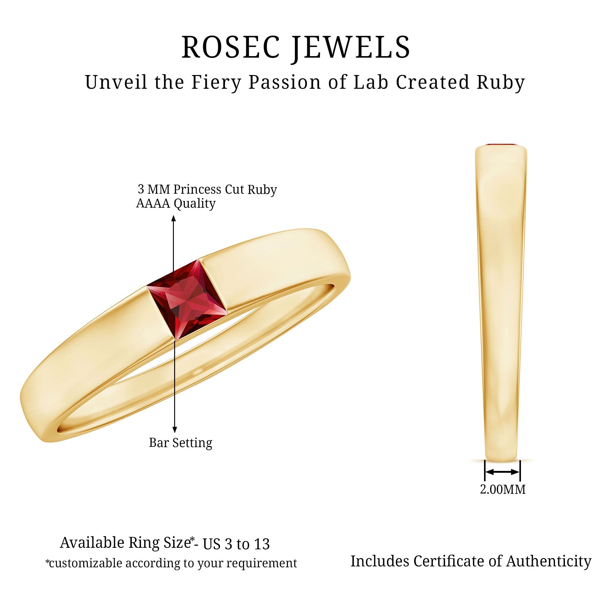 Ruby Promise Ring – Princess Cut Created Ruby Solitaire Flush Setting Band