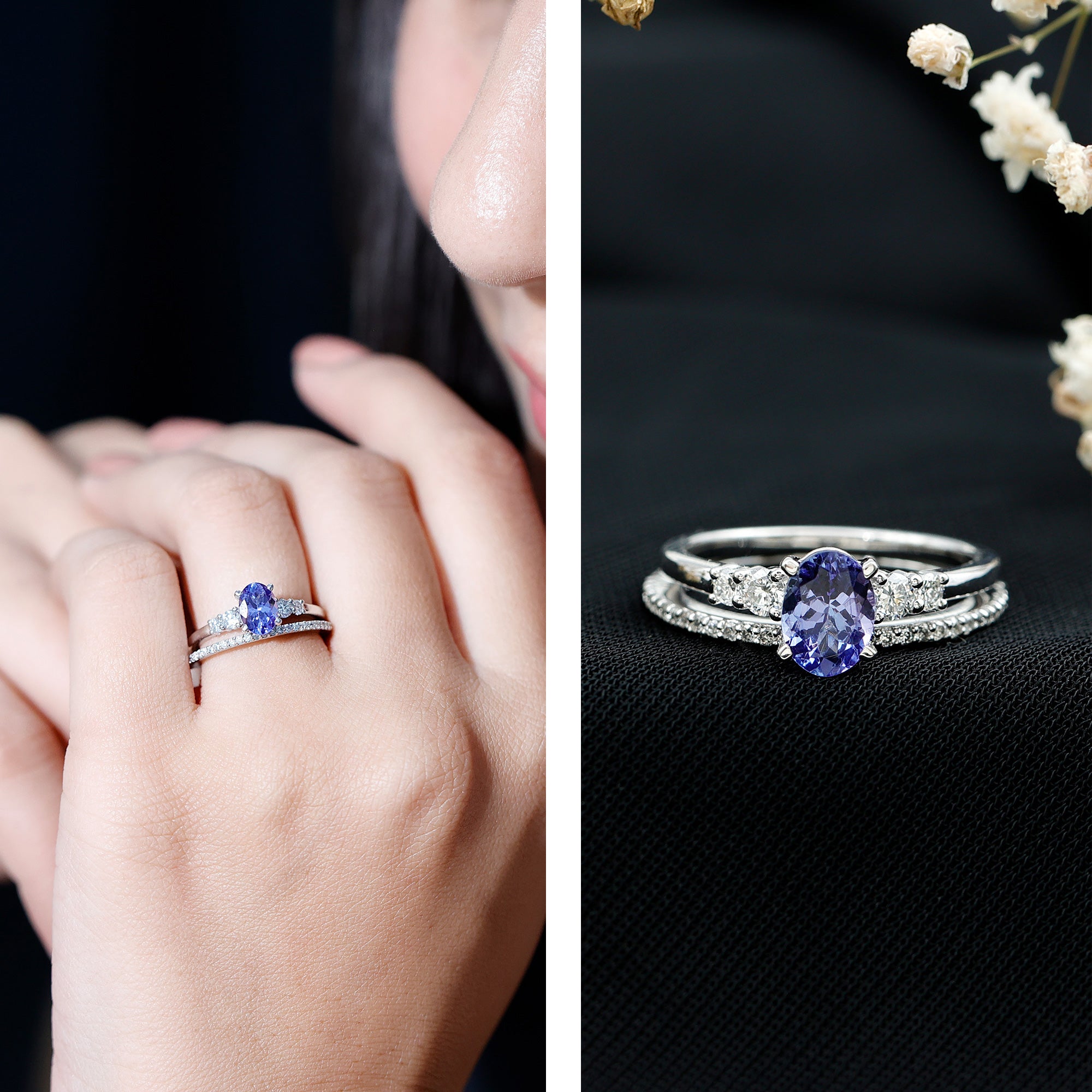 Tanzanite Engagement Ring – Oval Blue Stone with Lab Grown Diamond Wedding Set