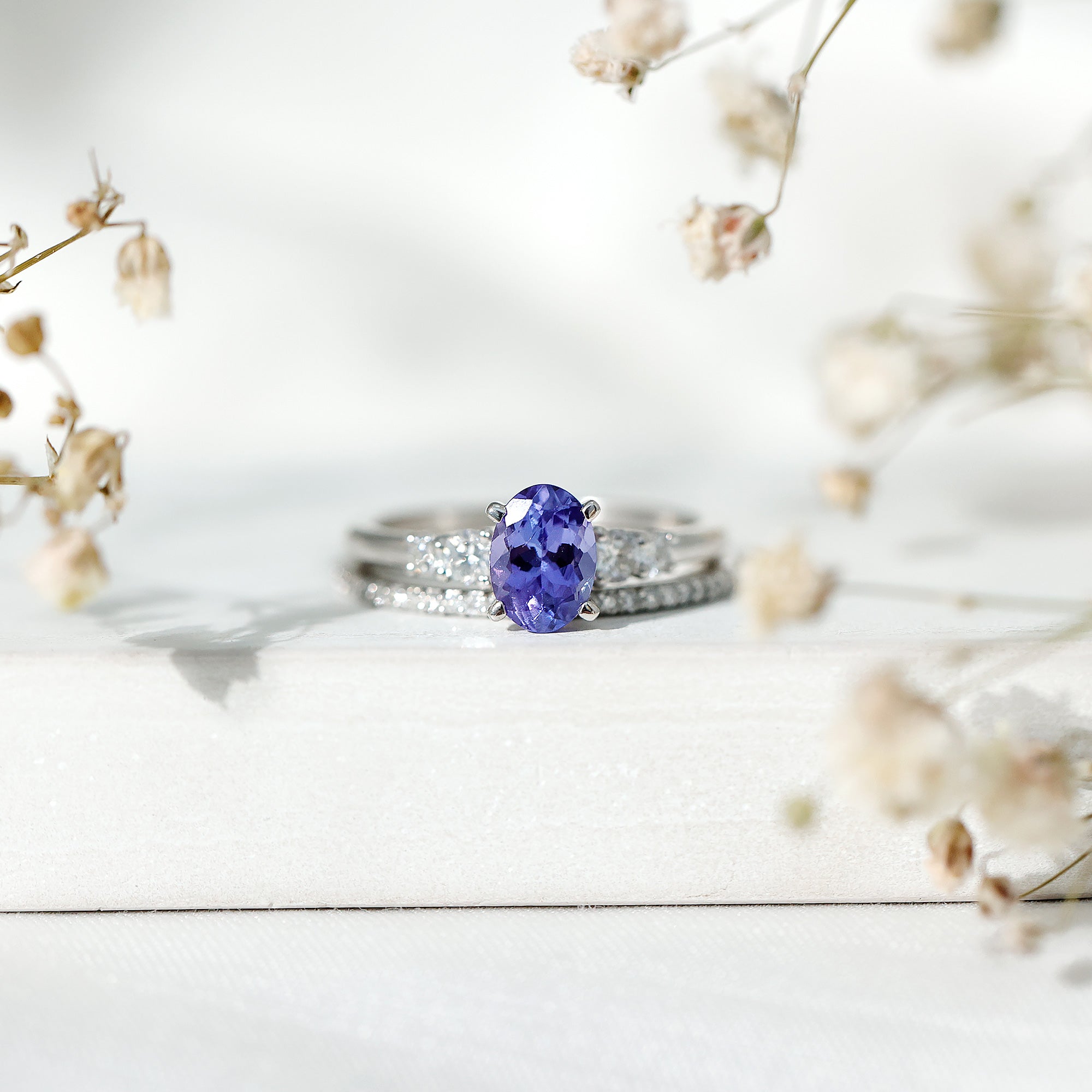Tanzanite Engagement Ring – Oval Blue Stone with Lab Grown Diamond Wedding Set