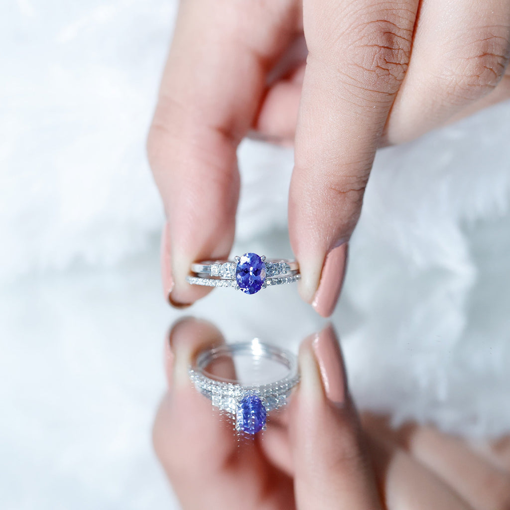 Tanzanite Engagement Ring – Oval Blue Stone with Lab Grown Diamond Wedding Set