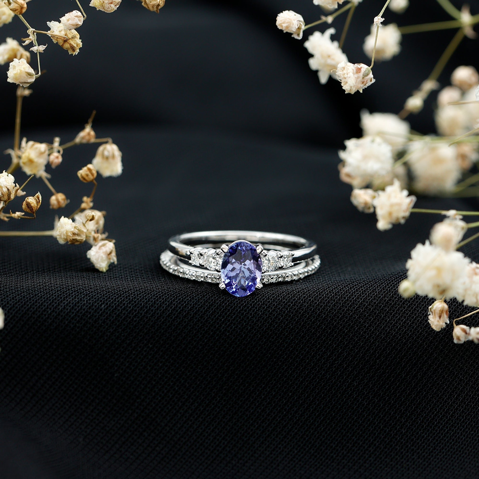 Tanzanite Engagement Ring – Oval Blue Stone with Lab Grown Diamond Wedding Set