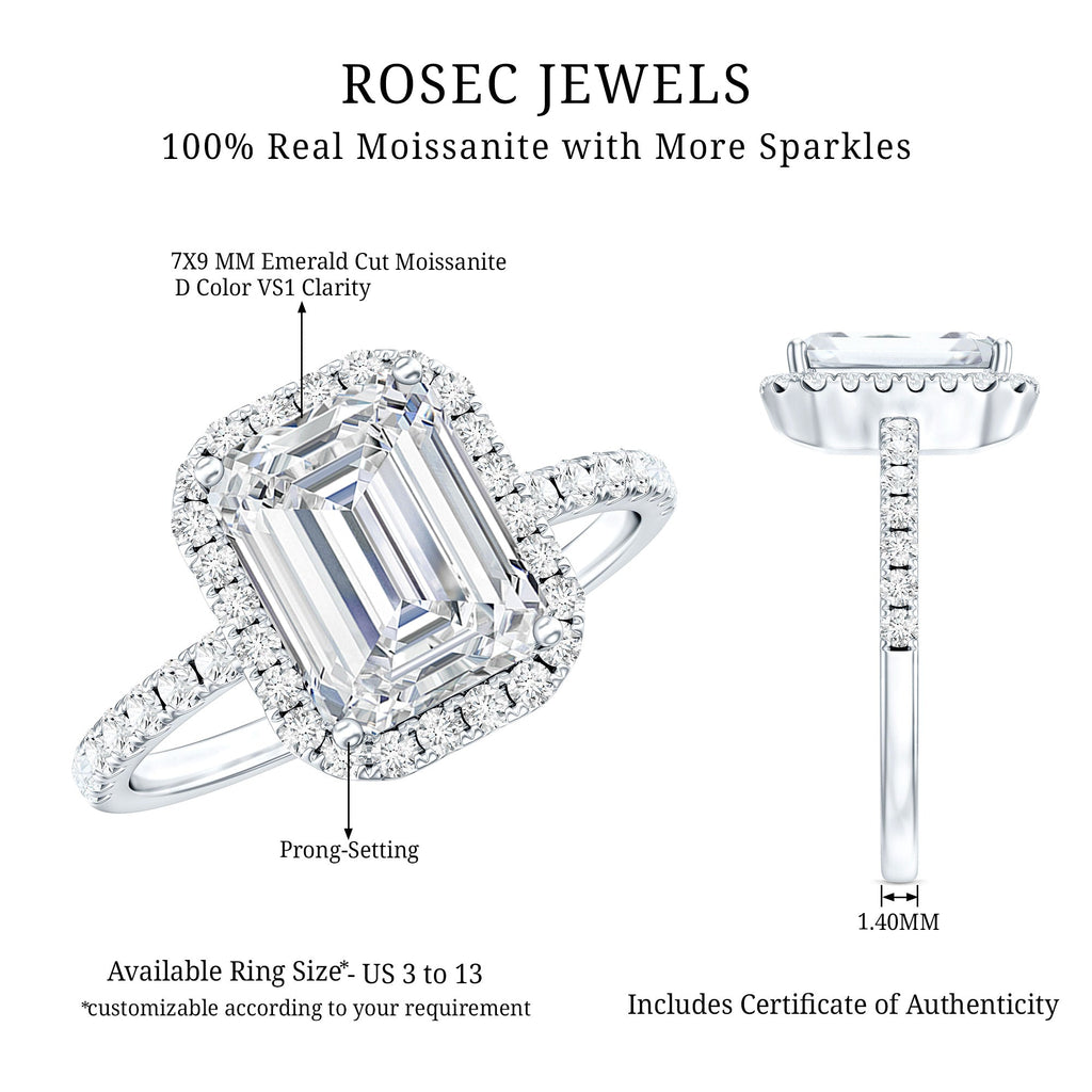 Certified Moissanite Emerald Cut Engagement Ring With Halo