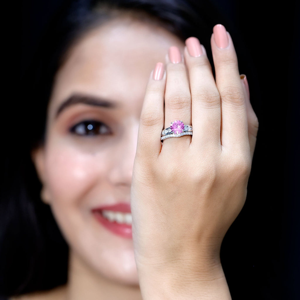 2.25 Carat Lab Grown Pink Sapphire Solitaire Bridal Ring Set