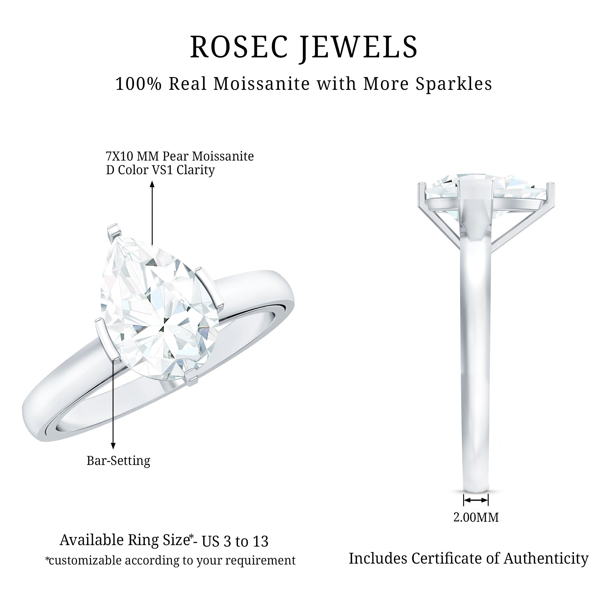 Teardrop Engagement Ring - Certified Moissanite Pear Shaped Solitaire Ring
