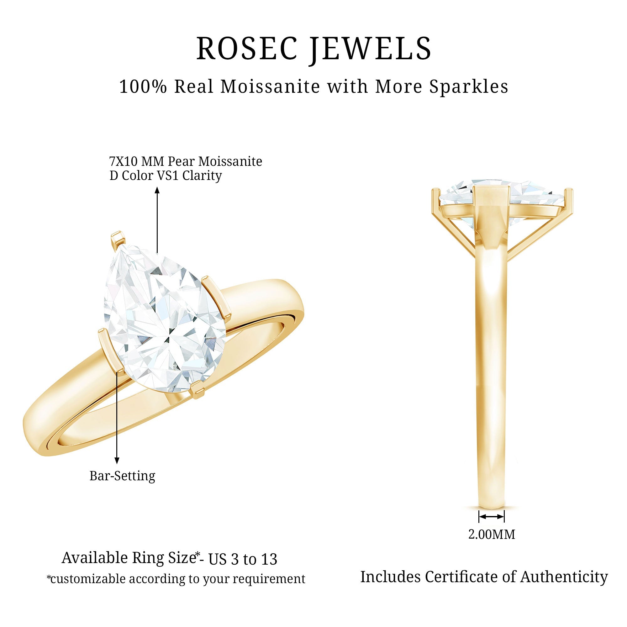 Teardrop Engagement Ring - Certified Moissanite Pear Shaped Solitaire Ring