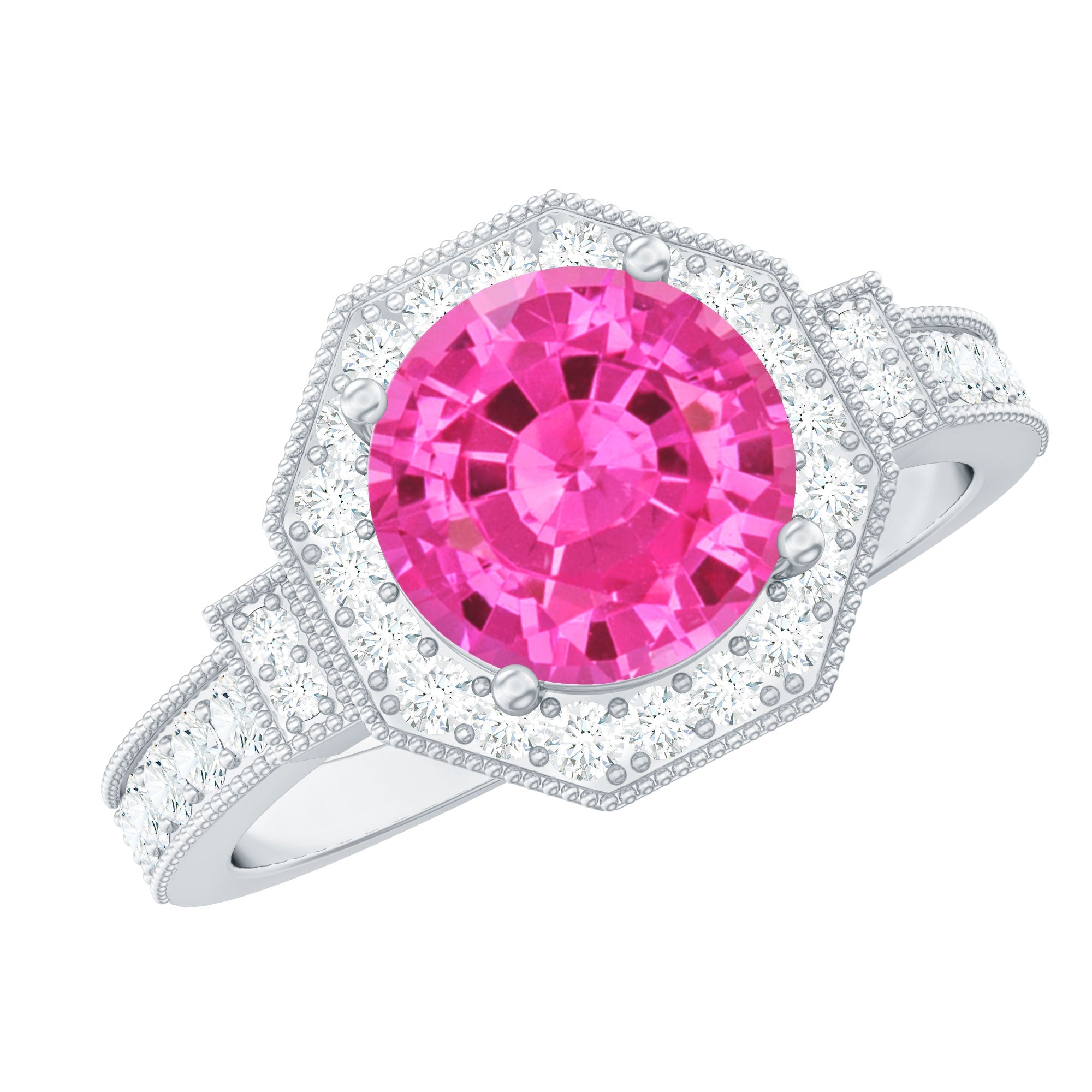 Pink Sapphire Engagement Ring - Vintage Style Ring with Diamond Halo & Beaded Detail Band