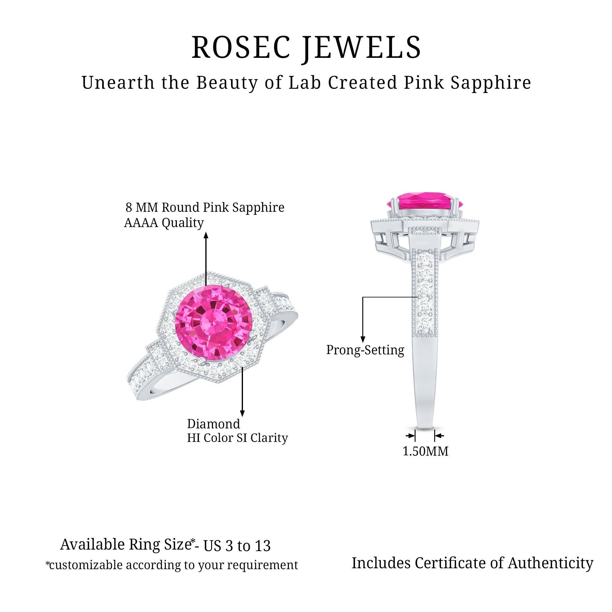 Pink Sapphire Engagement Ring - Vintage Style Ring with Diamond Halo & Beaded Detail Band