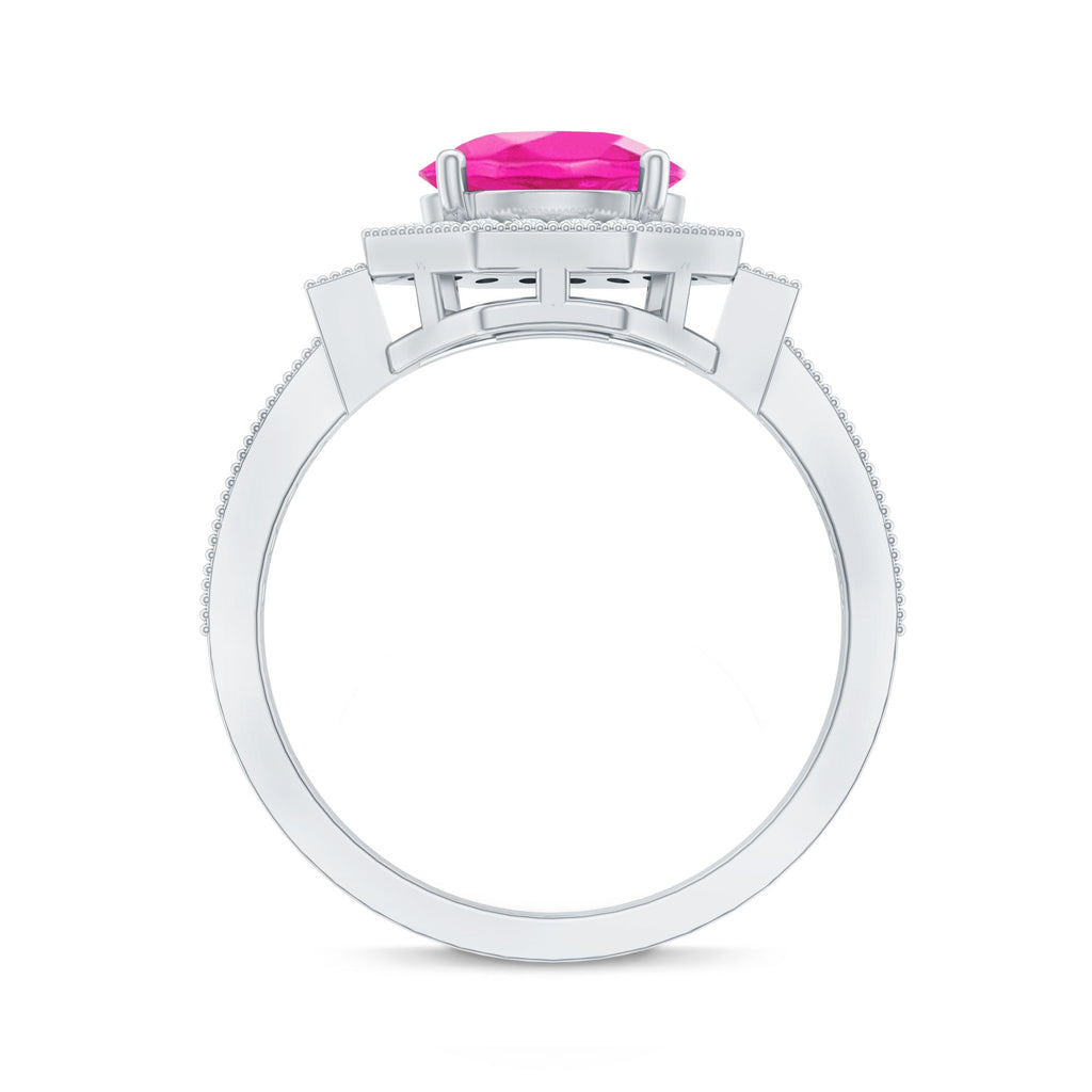 Pink Sapphire Engagement Ring - Vintage Style Ring with Diamond Halo & Beaded Detail Band