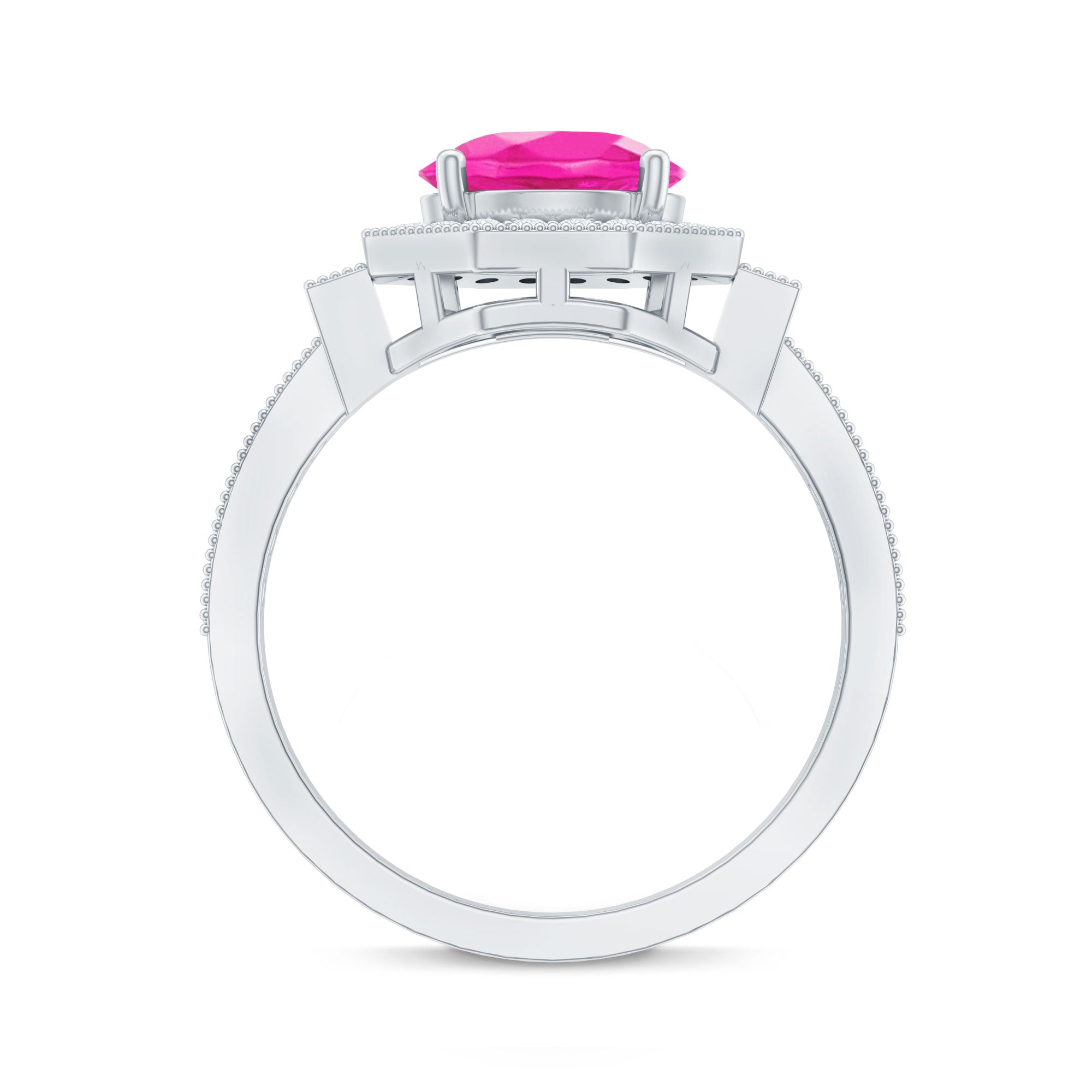 Pink Sapphire Engagement Ring - Vintage Style Ring with Diamond Halo & Beaded Detail Band