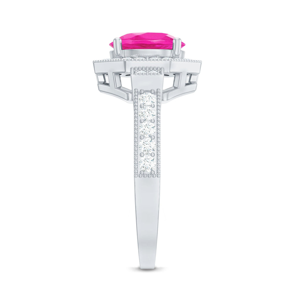 Pink Sapphire Engagement Ring - Vintage Style Ring with Diamond Halo & Beaded Detail Band