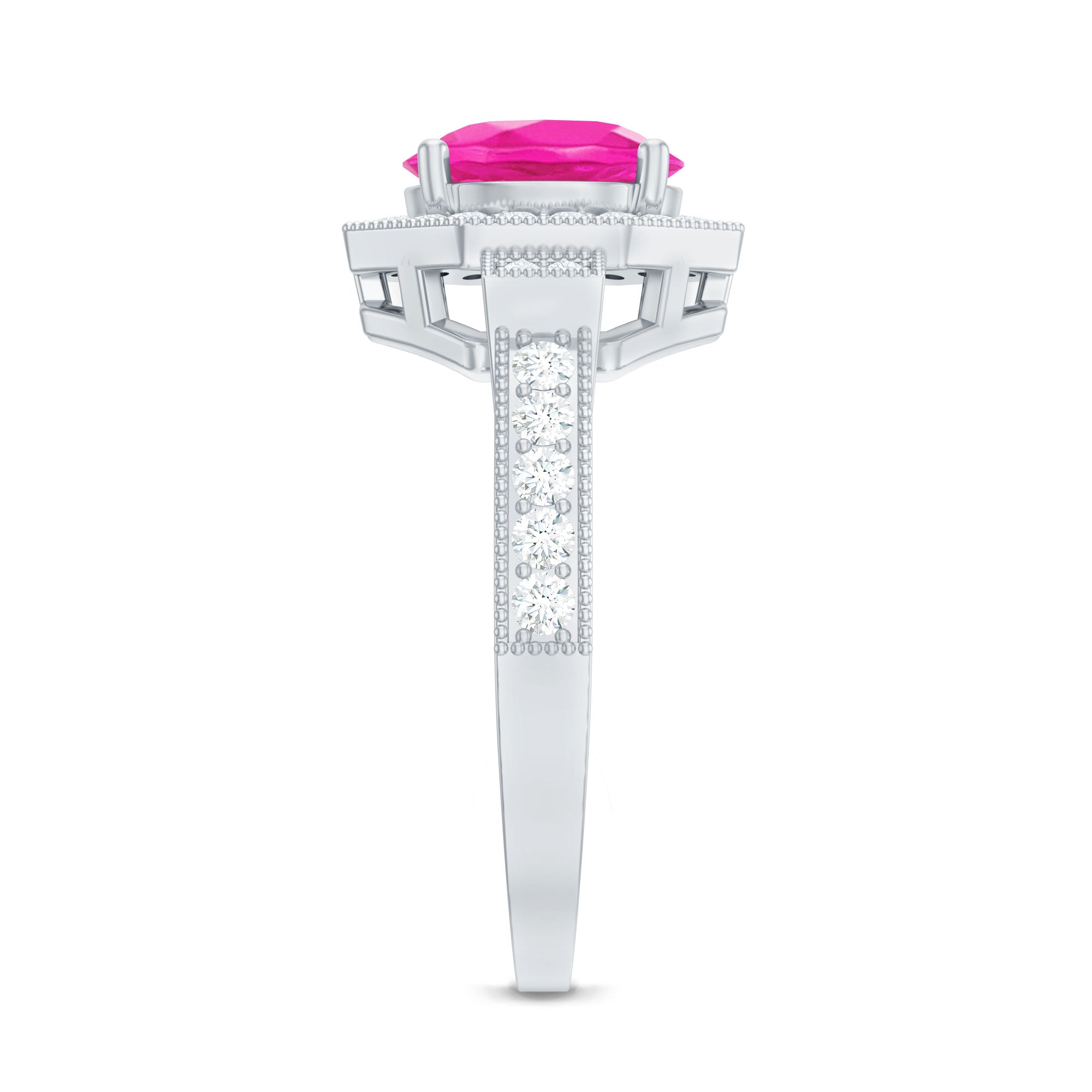 Pink Sapphire Engagement Ring - Vintage Style Ring with Diamond Halo & Beaded Detail Band