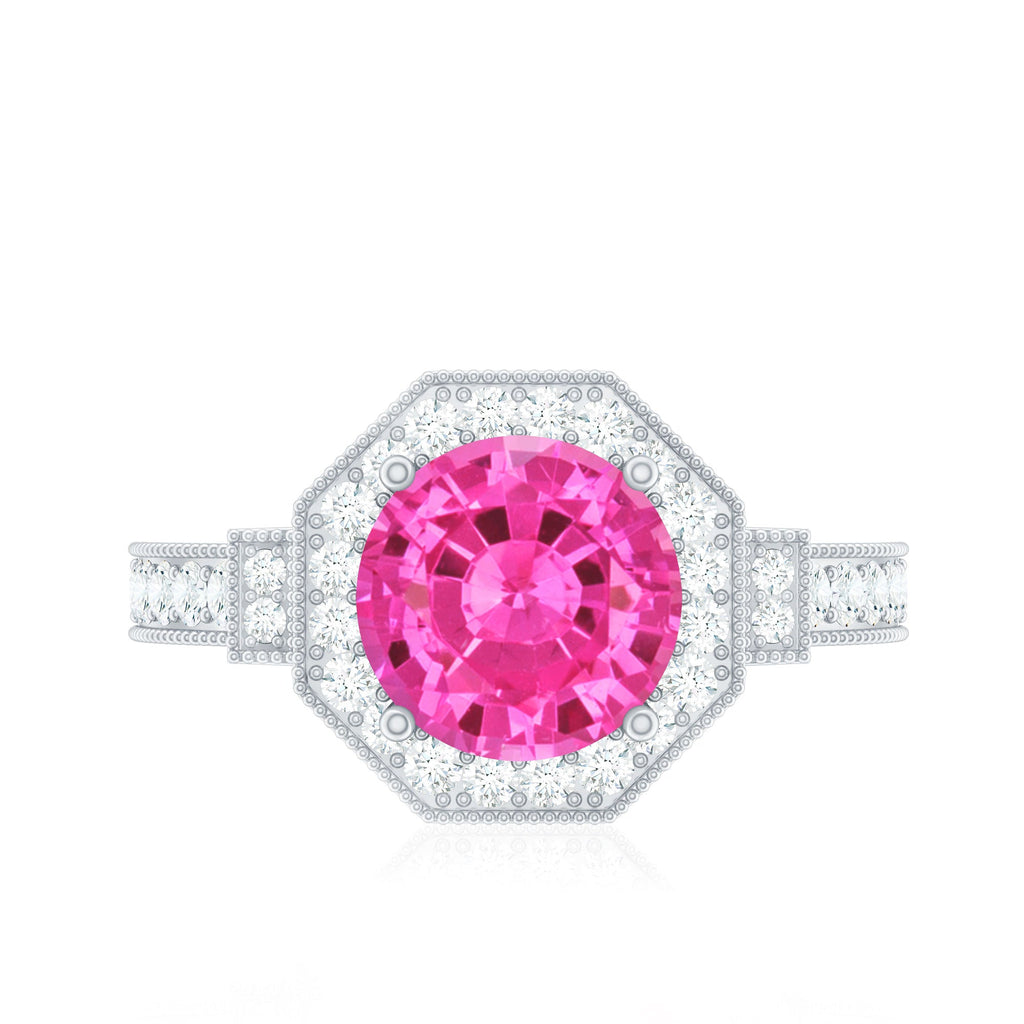 Pink Sapphire Engagement Ring - Vintage Style Ring with Diamond Halo & Beaded Detail Band