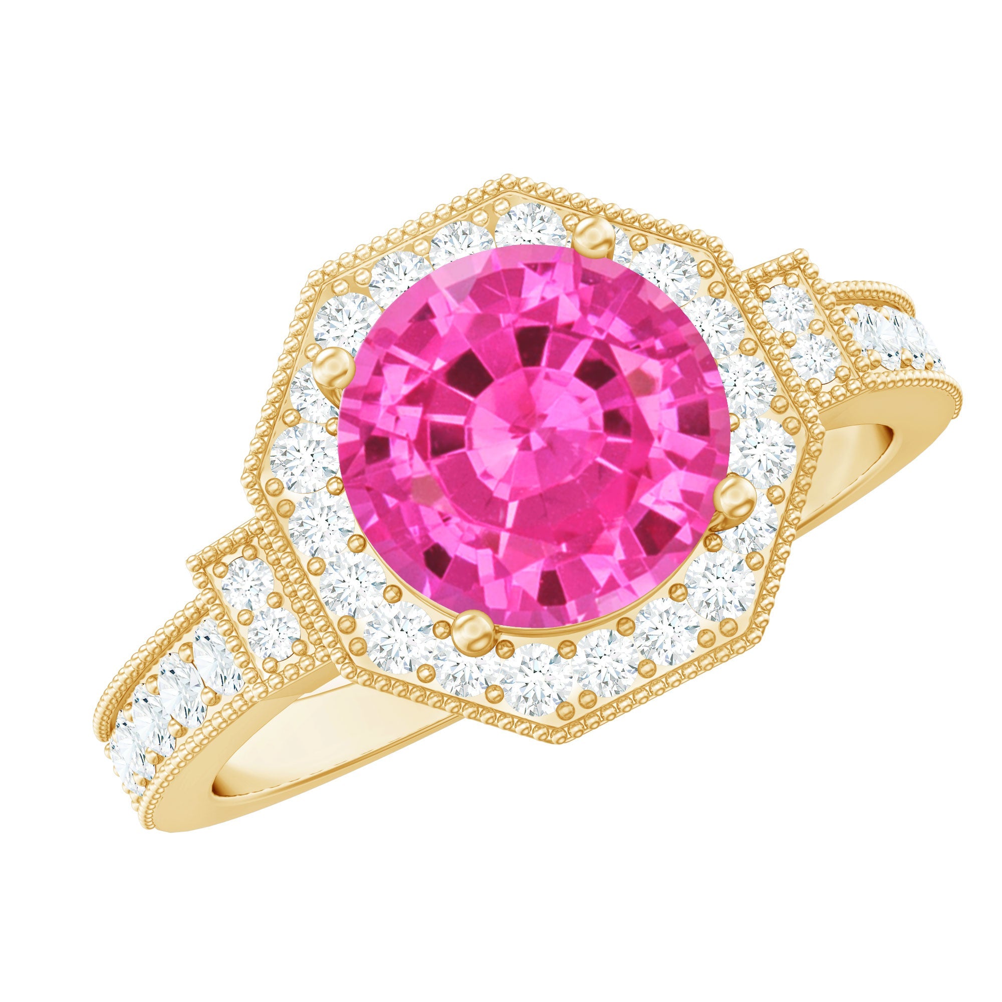 Pink Sapphire Engagement Ring - Vintage Style Ring with Diamond Halo & Beaded Detail Band