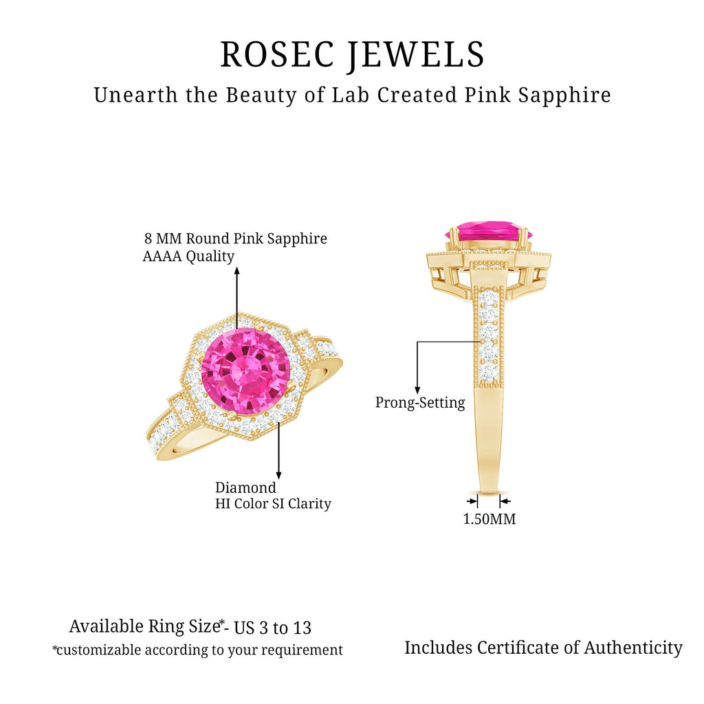 Pink Sapphire Engagement Ring - Vintage Style Ring with Diamond Halo & Beaded Detail Band