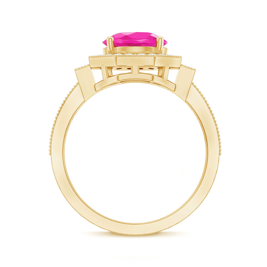 Pink Sapphire Engagement Ring - Vintage Style Ring with Diamond Halo & Beaded Detail Band