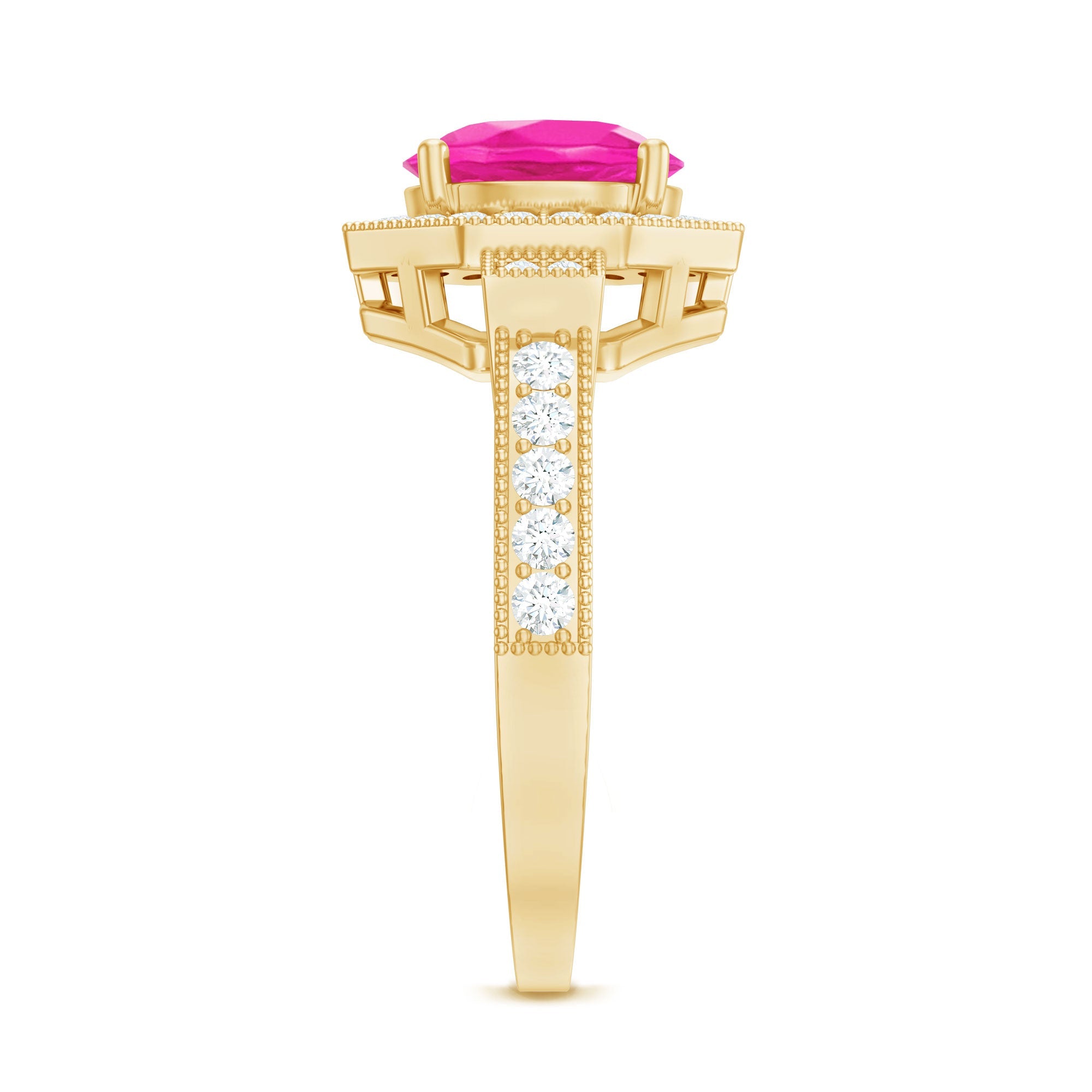 Pink Sapphire Engagement Ring - Vintage Style Ring with Diamond Halo & Beaded Detail Band