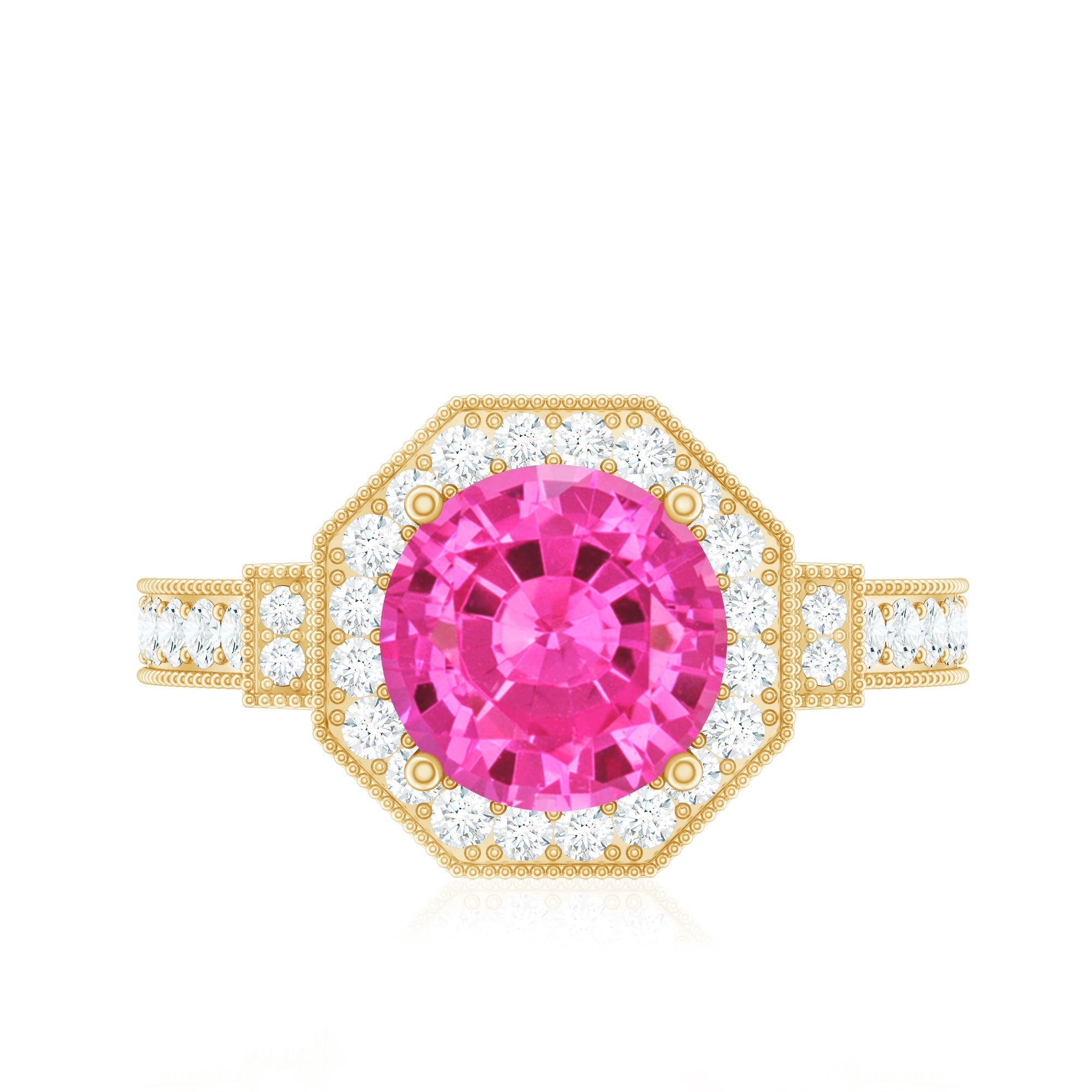 Pink Sapphire Engagement Ring - Vintage Style Ring with Diamond Halo & Beaded Detail Band