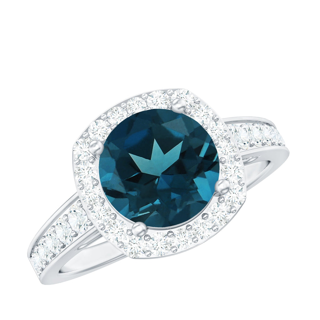 Vintage Halo Engagement Ring with London Blue Topaz and Diamond