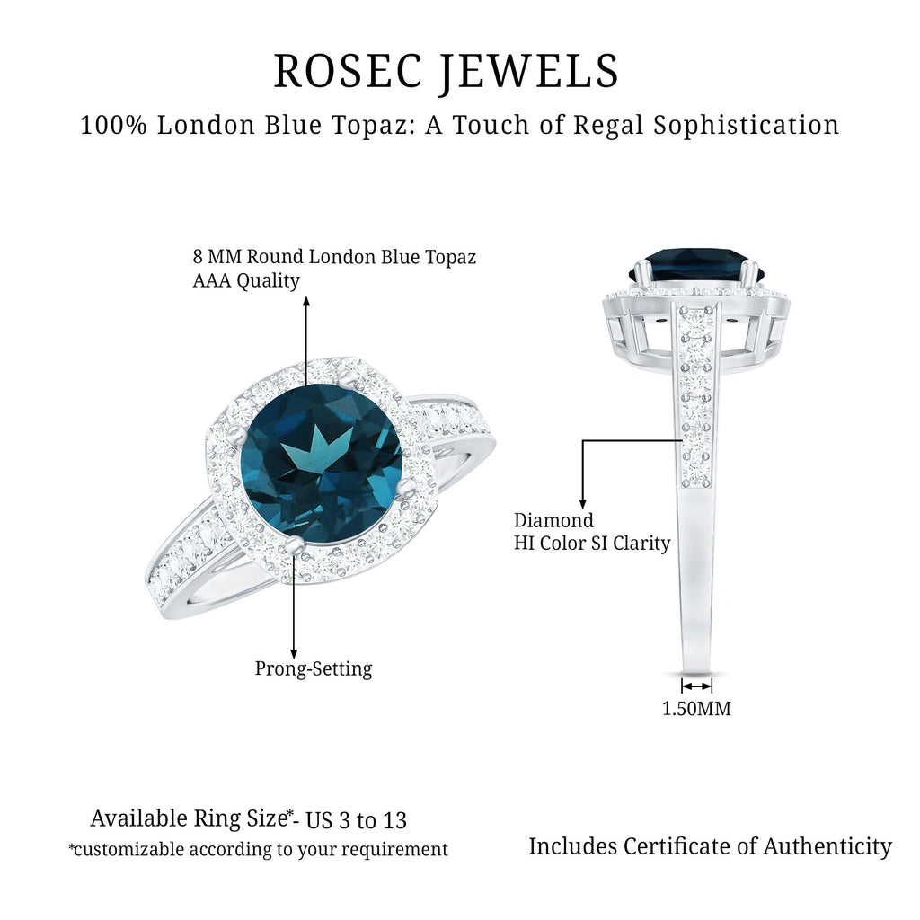 Vintage Halo Engagement Ring with London Blue Topaz and Diamond