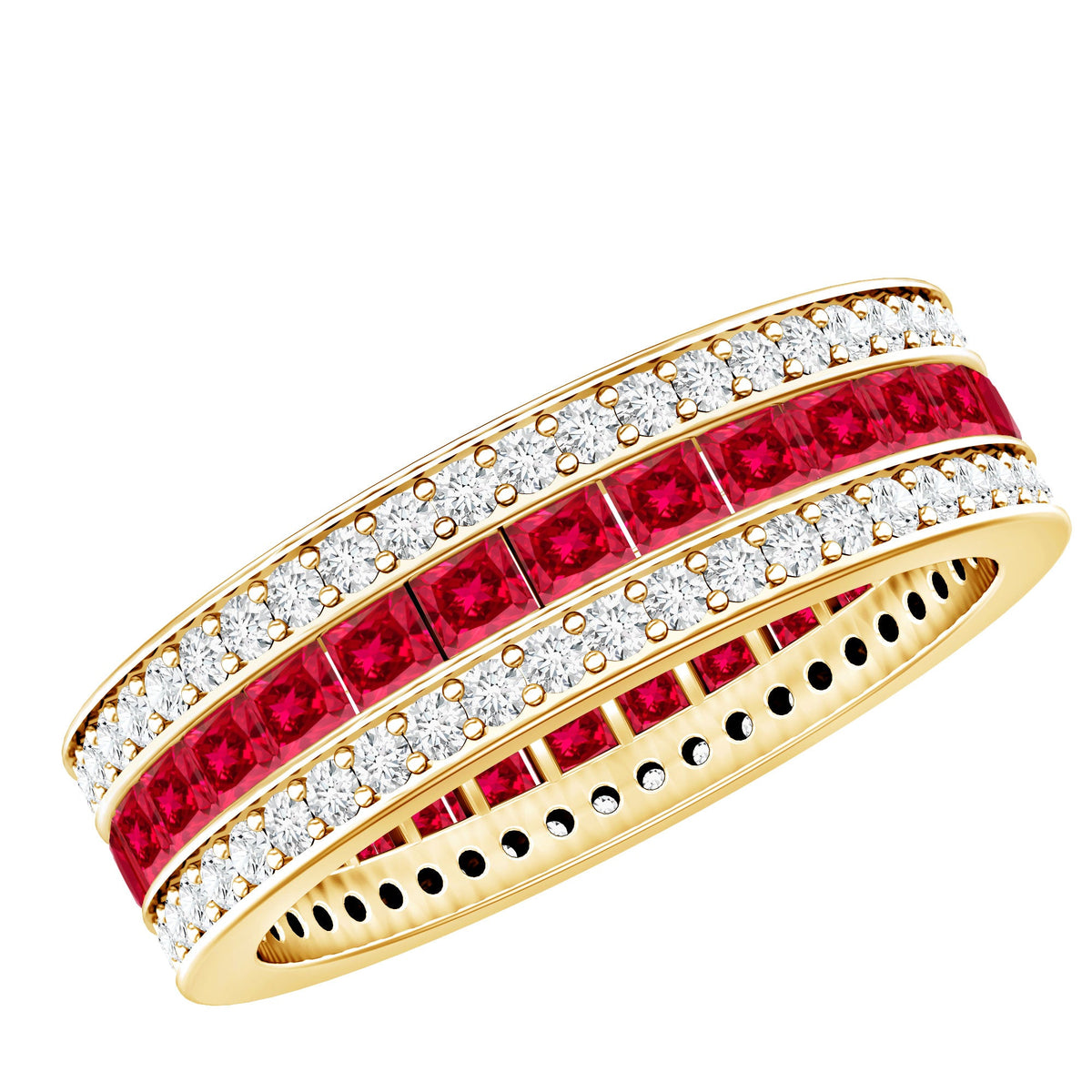 Lab Created Ruby Ring – Three Row Wedding Band With Princess Cut Ruby & Moissanite