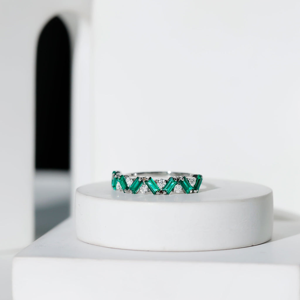 Emerald Diamond Eternity Ring – Lab Grown Baguette Emerald Half Eternity Band