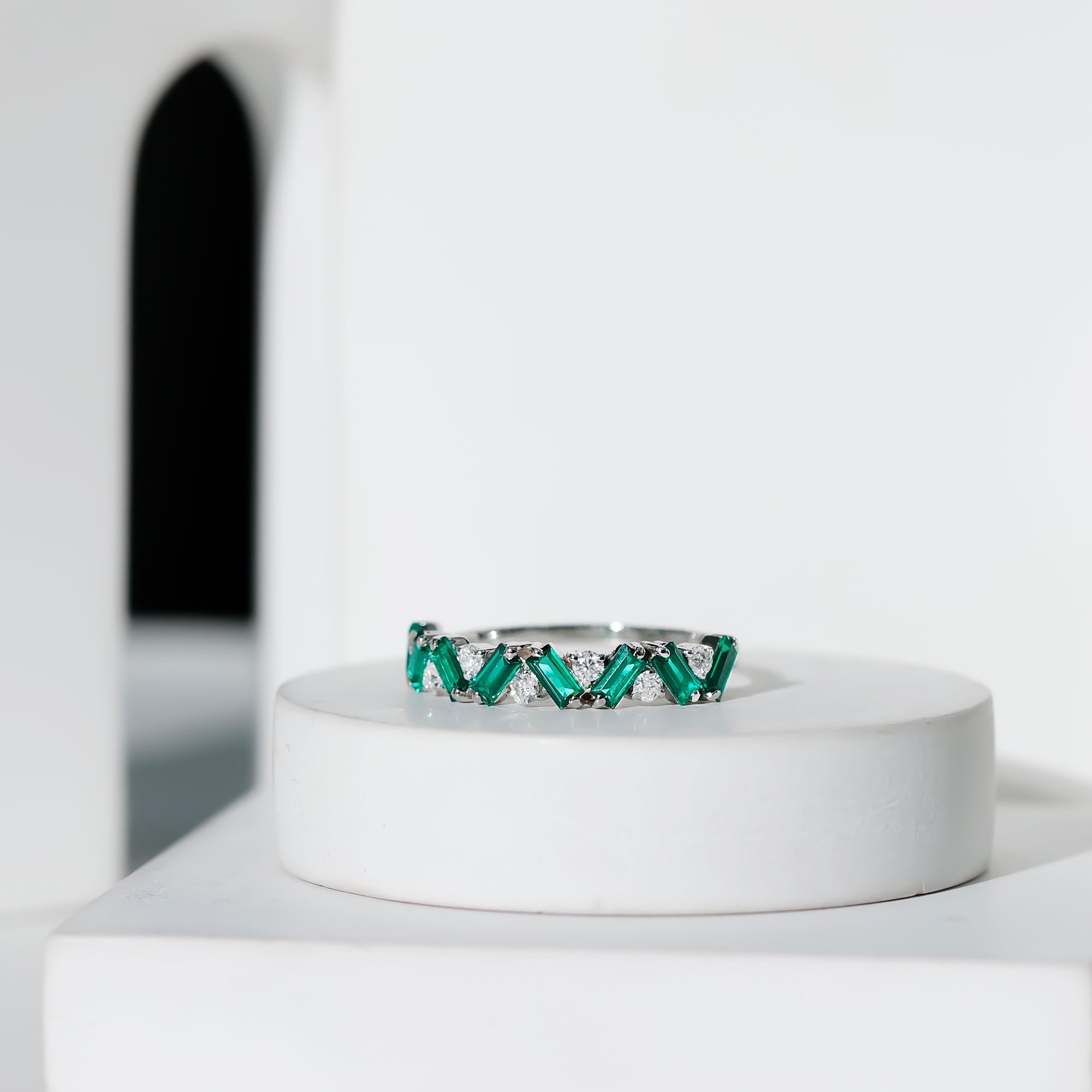 Emerald Diamond Eternity Ring – Lab Grown Baguette Emerald Half Eternity Band