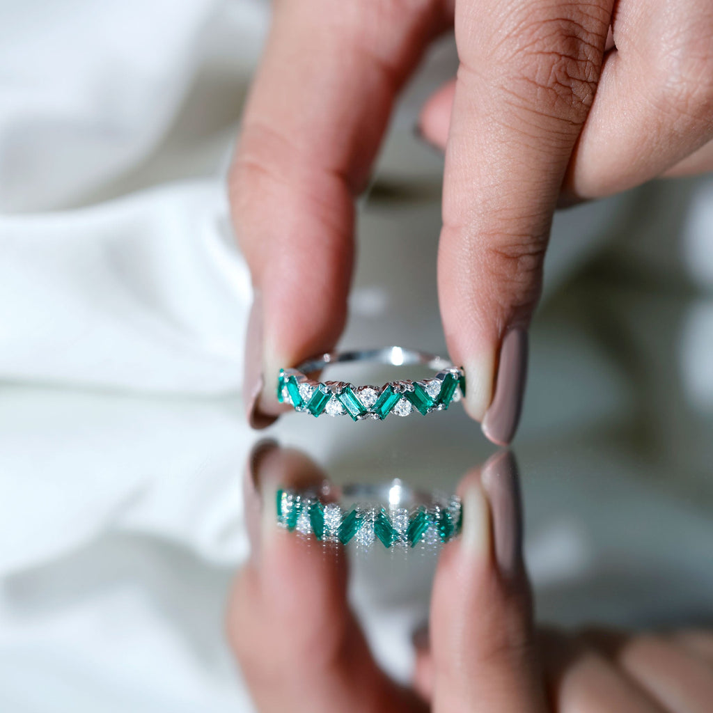 Emerald Diamond Eternity Ring – Lab Grown Baguette Emerald Half Eternity Band