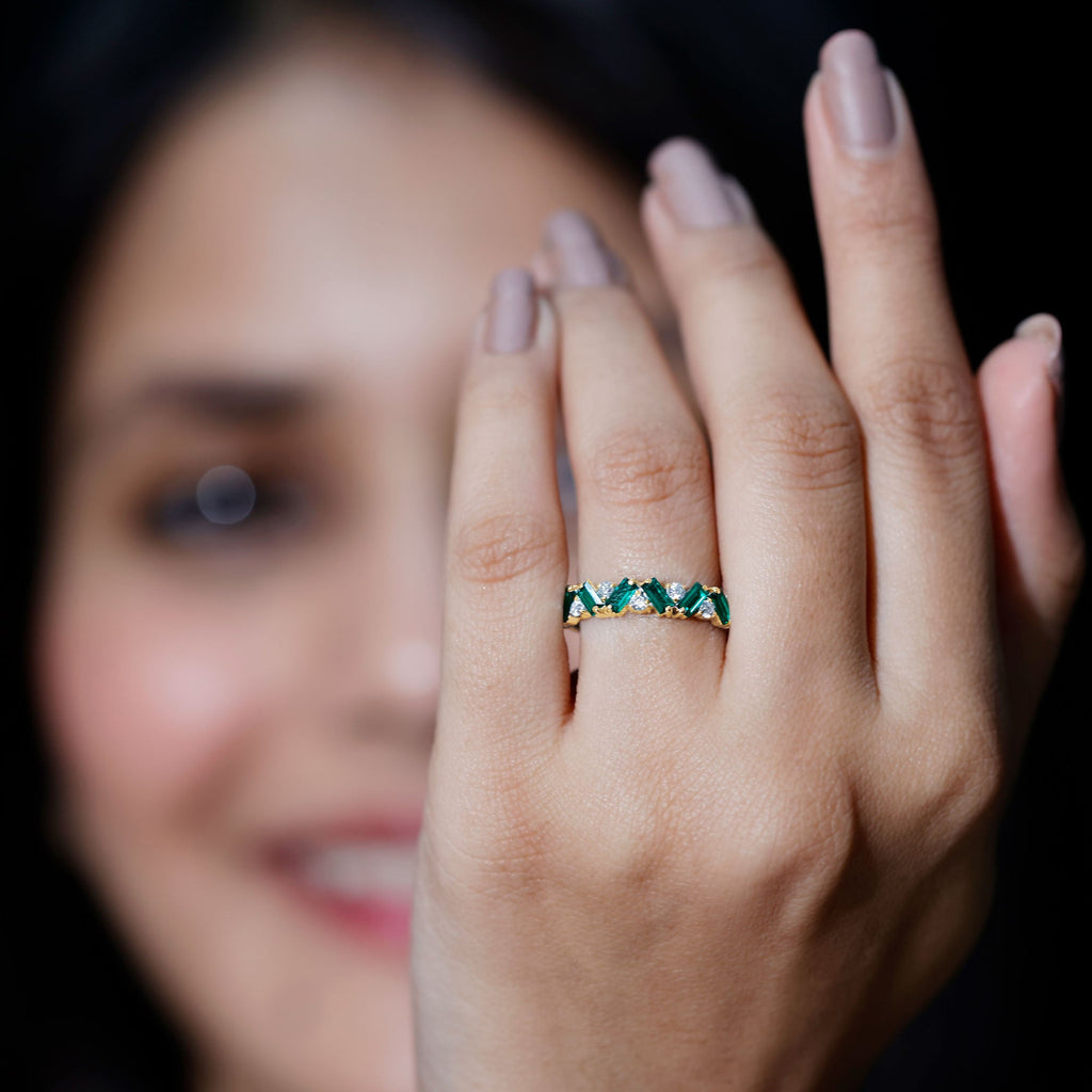 Emerald Diamond Eternity Ring – Lab Grown Baguette Emerald Half Eternity Band