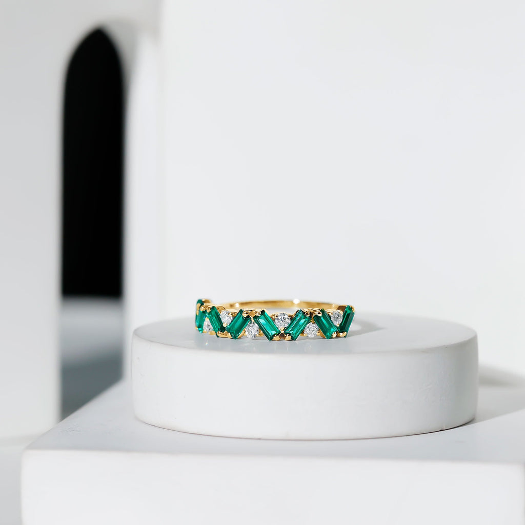 Emerald Diamond Eternity Ring – Lab Grown Baguette Emerald Half Eternity Band