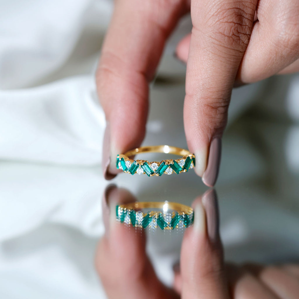 Emerald Diamond Eternity Ring – Lab Grown Baguette Emerald Half Eternity Band