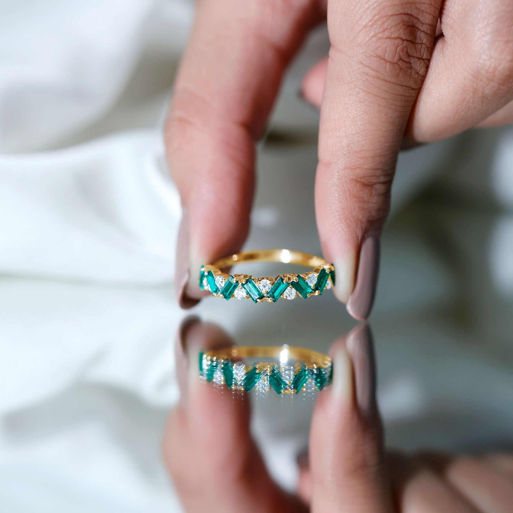 Emerald Diamond Eternity Ring – Lab Grown Baguette Emerald Half Eternity Band