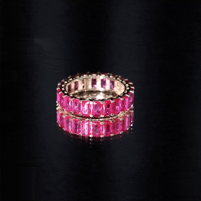 Lab Grown Ruby Ring – Emerald Cut Full Eternity Wide Band With Shared Prong Setting