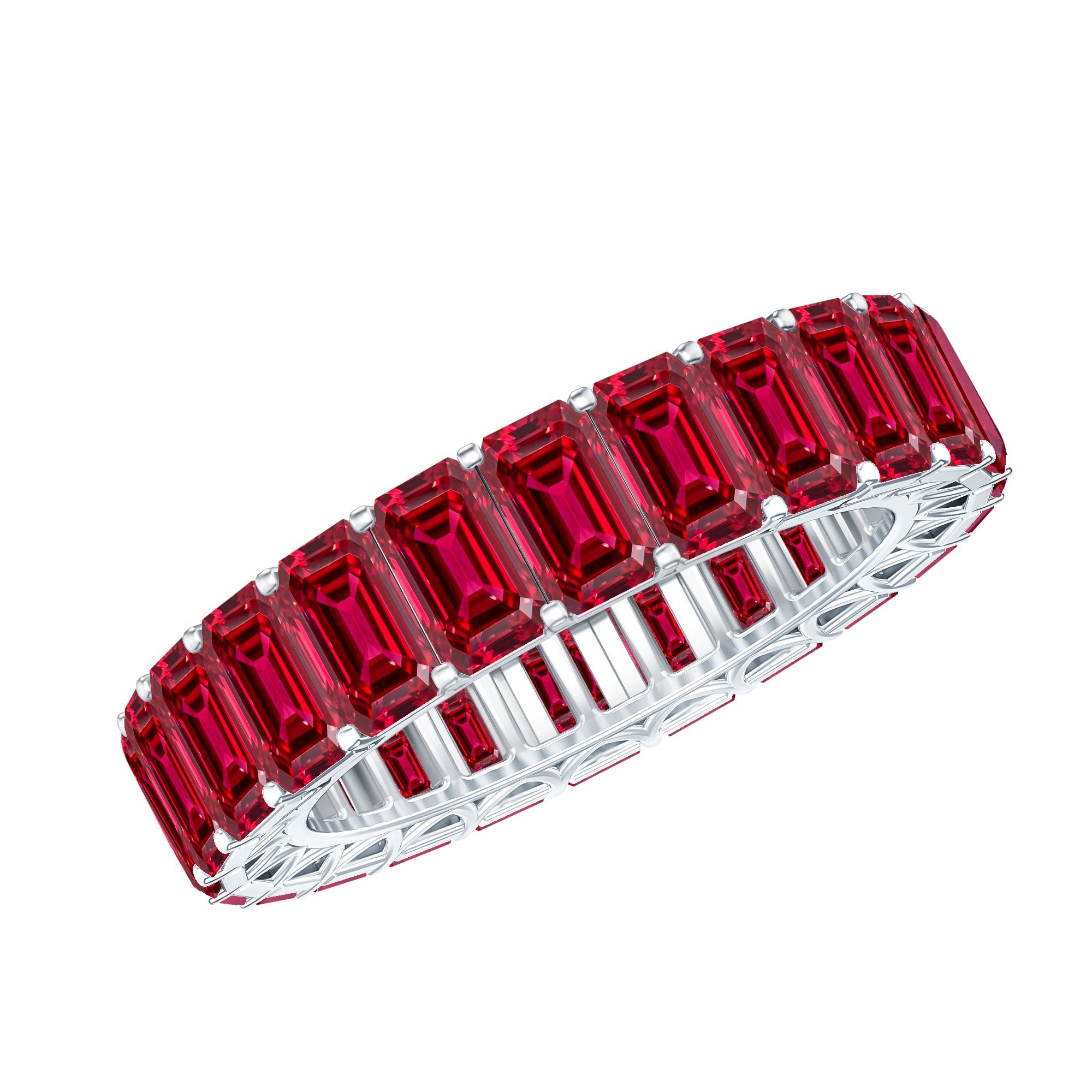 Lab Grown Ruby Ring – Emerald Cut Full Eternity Wide Band With Shared Prong Setting