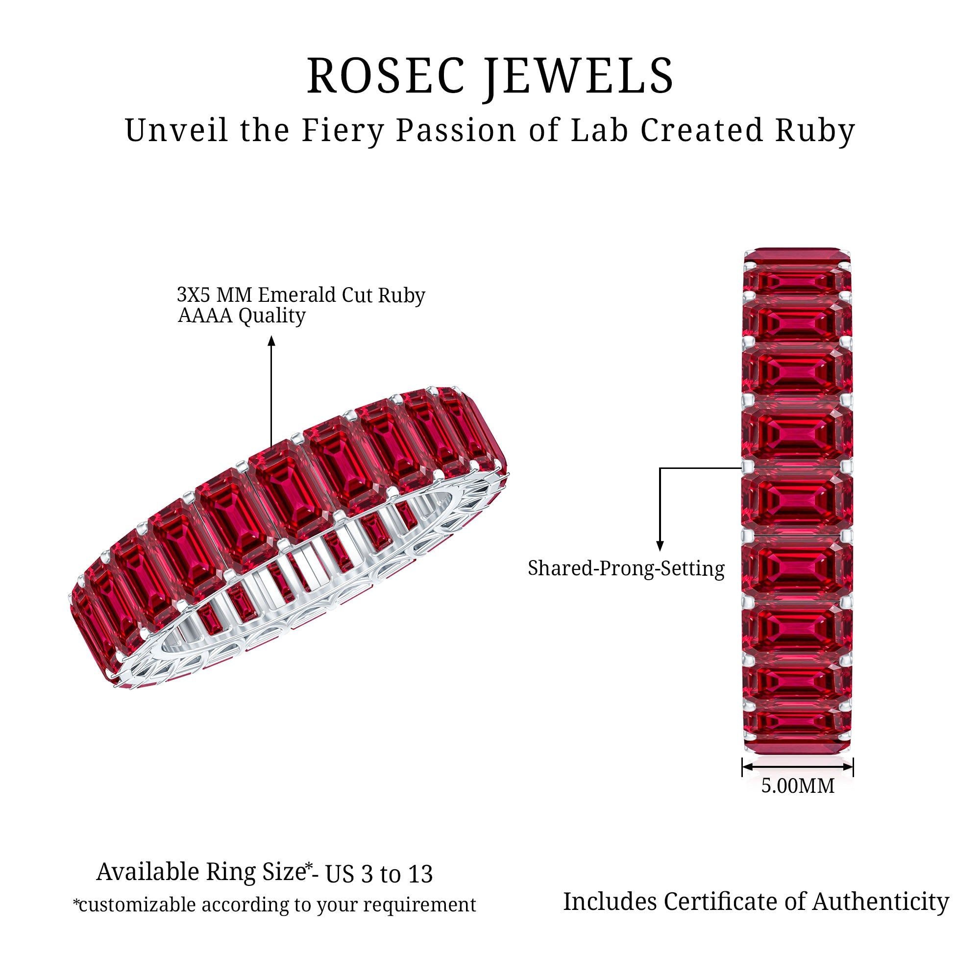 Lab Grown Ruby Ring – Emerald Cut Full Eternity Wide Band With Shared Prong Setting