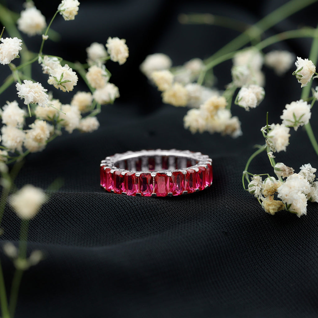 Lab Grown Ruby Ring – Emerald Cut Full Eternity Wide Band With Shared Prong Setting