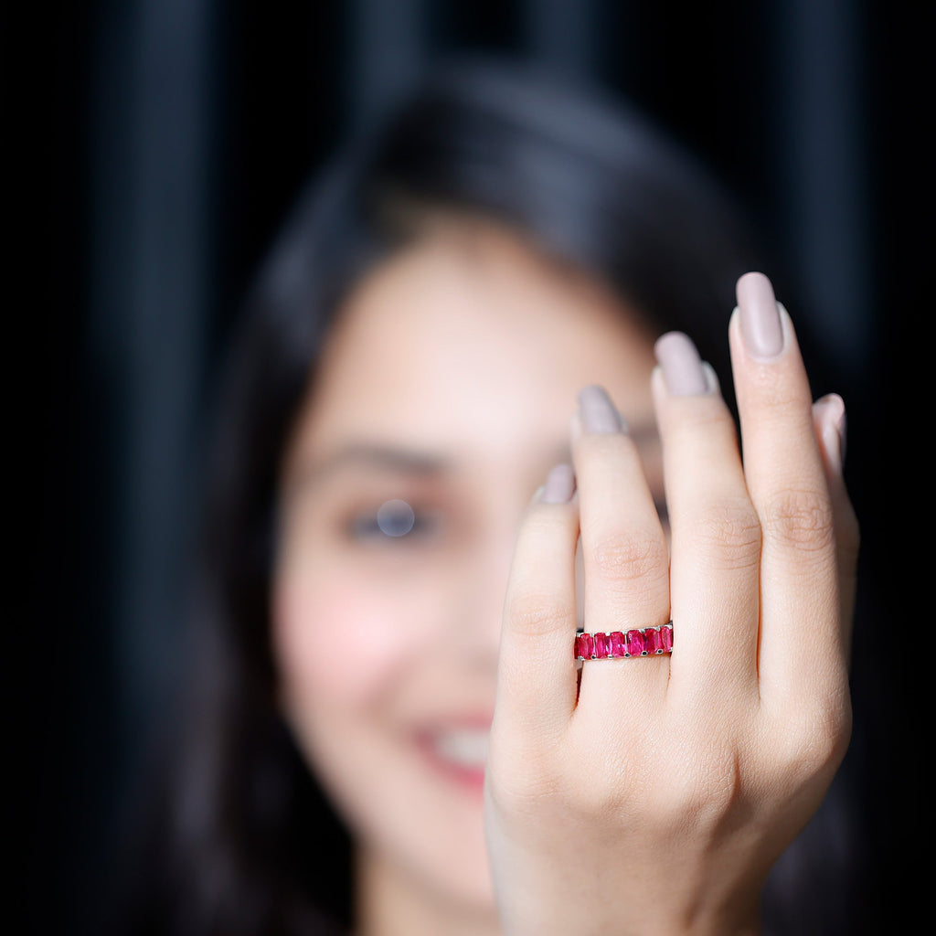 Lab Grown Ruby Ring – Emerald Cut Full Eternity Wide Band With Shared Prong Setting