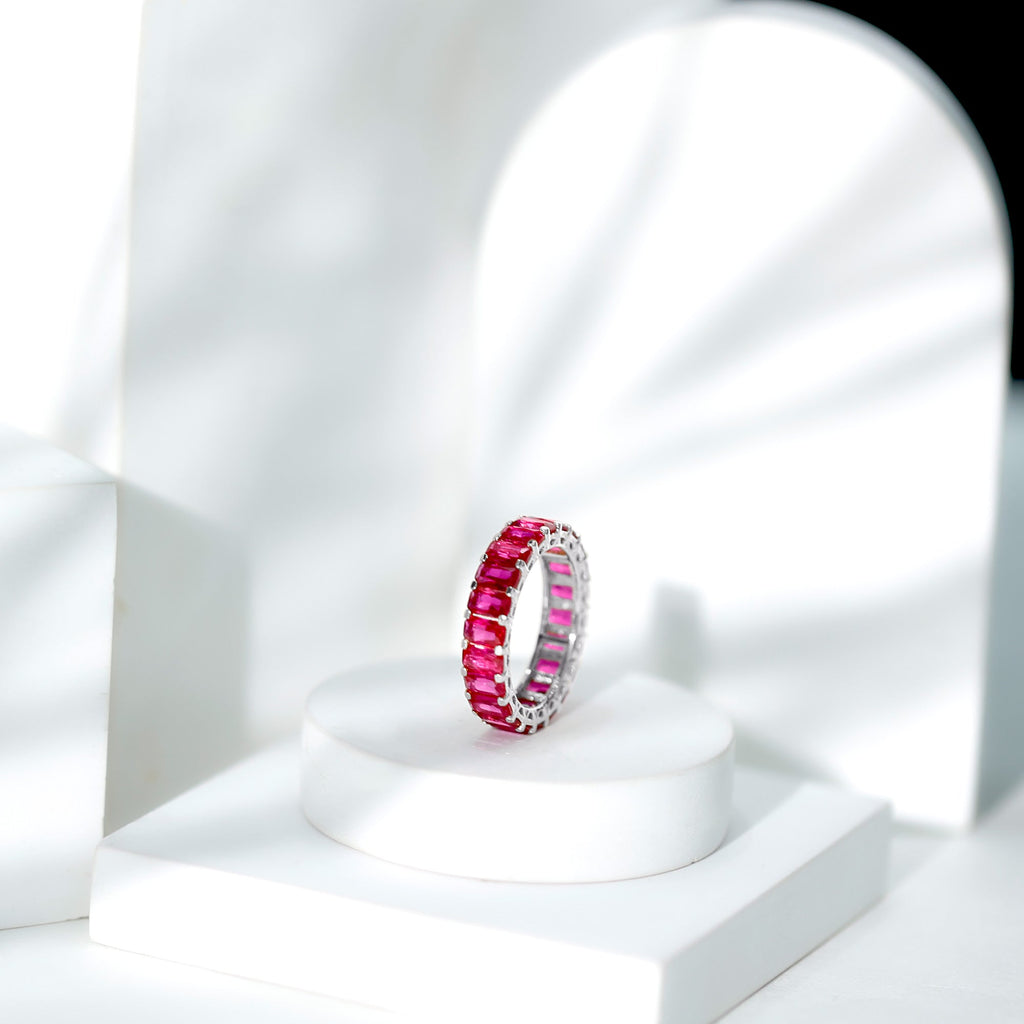 Lab Grown Ruby Ring – Emerald Cut Full Eternity Wide Band With Shared Prong Setting