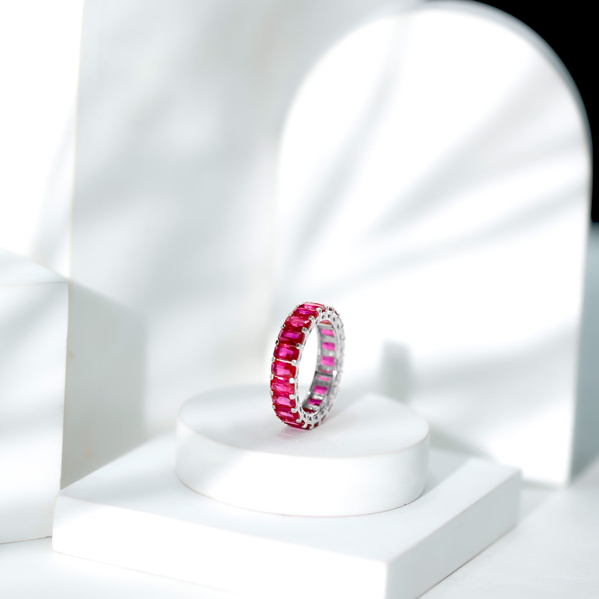 Lab Grown Ruby Ring – Emerald Cut Full Eternity Wide Band With Shared Prong Setting