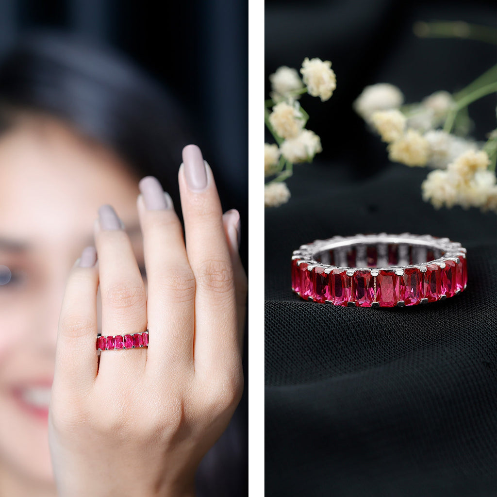 Lab Grown Ruby Ring – Emerald Cut Full Eternity Wide Band With Shared Prong Setting
