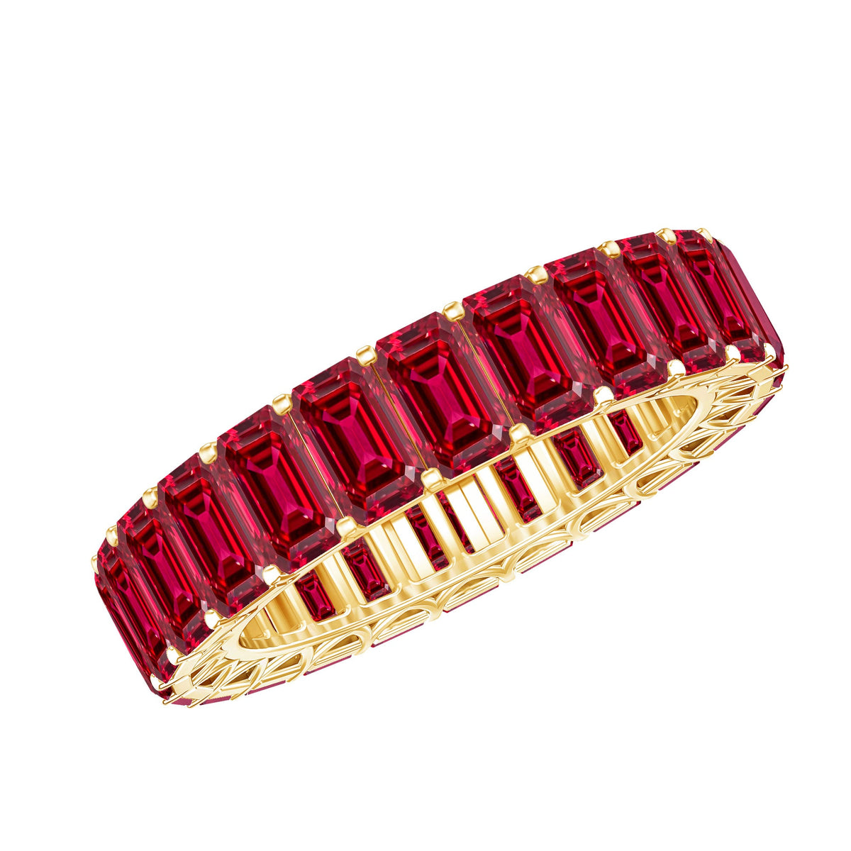 Lab Grown Ruby Ring – Emerald Cut Full Eternity Wide Band With Shared Prong Setting