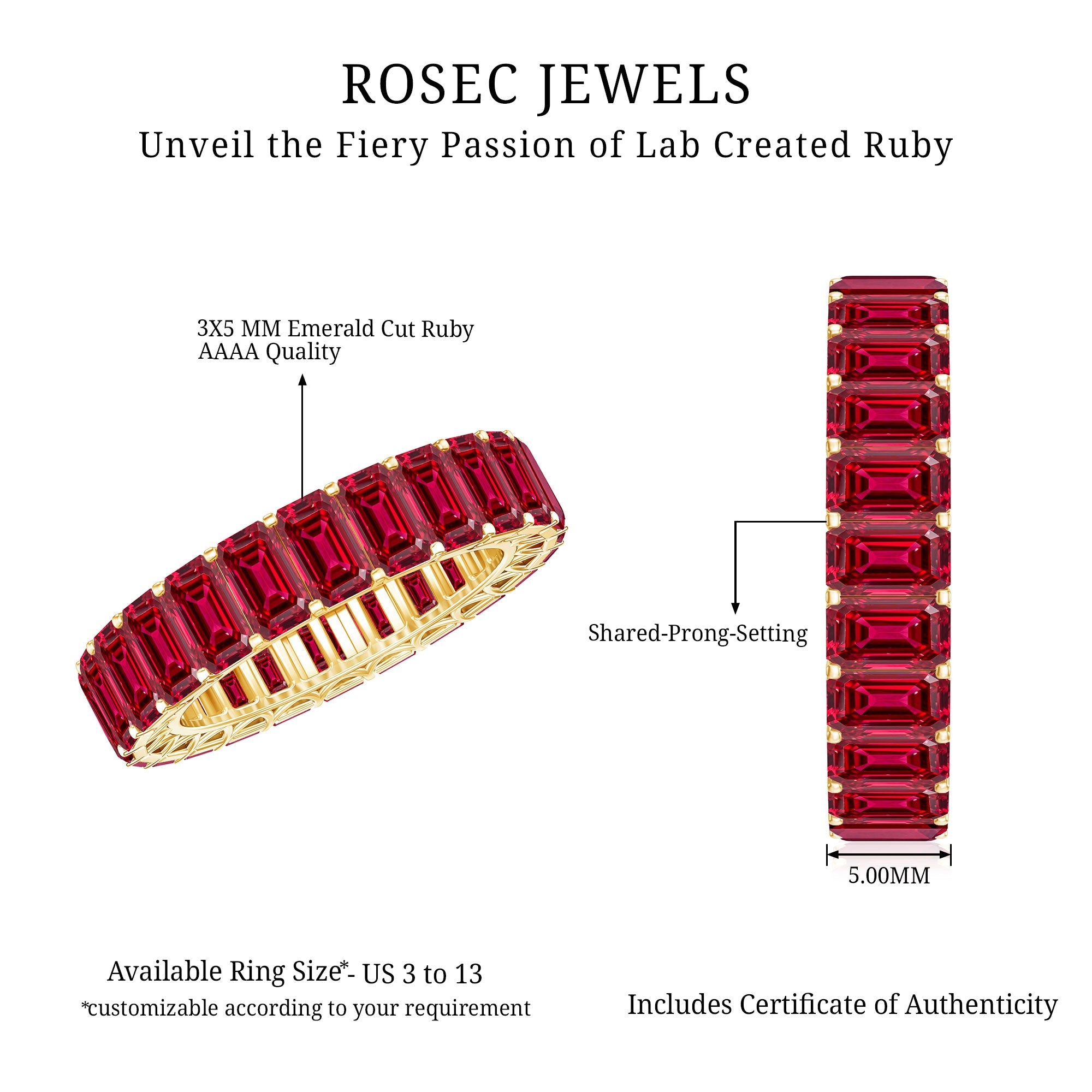 Lab Grown Ruby Ring – Emerald Cut Full Eternity Wide Band With Shared Prong Setting