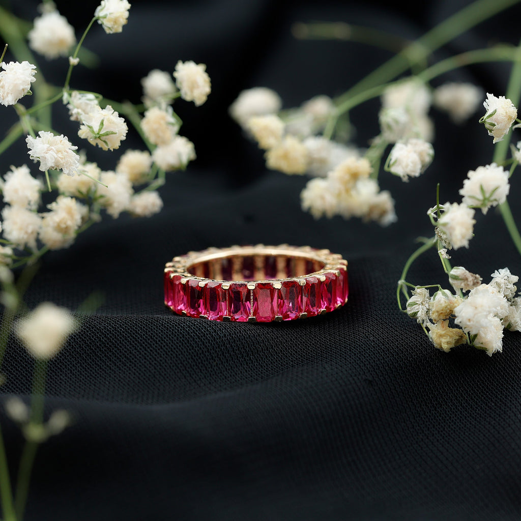 Lab Grown Ruby Ring – Emerald Cut Full Eternity Wide Band With Shared Prong Setting