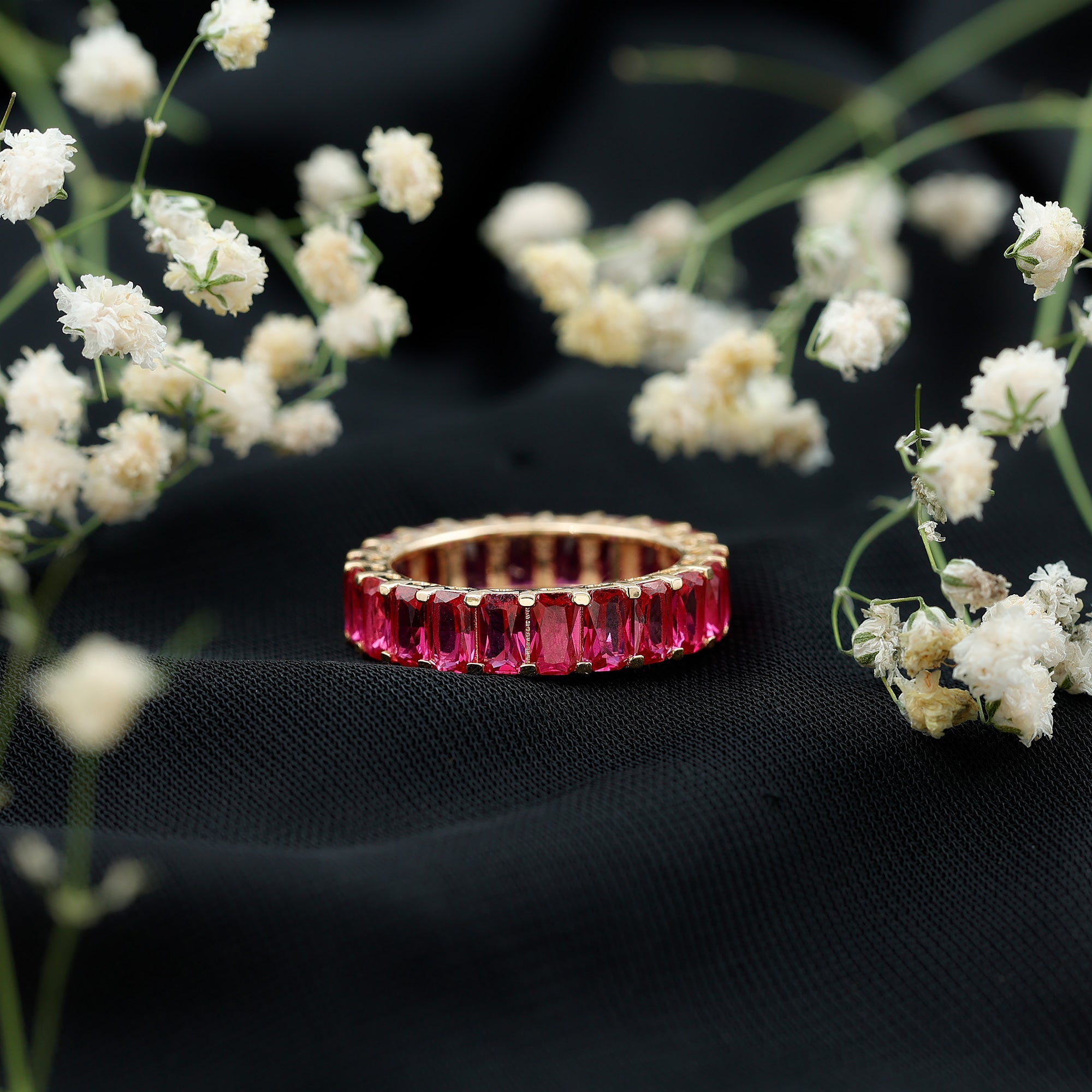 Lab Grown Ruby Ring – Emerald Cut Full Eternity Wide Band With Shared Prong Setting